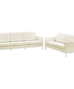 Modway Loft 2 Piece Leather Sofa And Loveseat Set Cream White