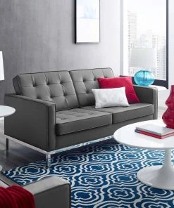 Modway Loft Tufted Upholstered Faux Leather Loveseat Silver Gray Loveseats