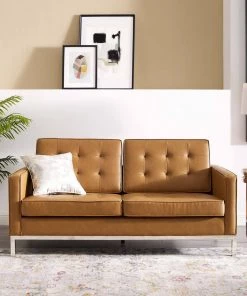 Modway Loft Tufted Upholstered Faux Leather Loveseat Silver Tan