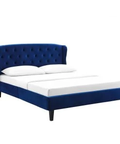 Modway Penelope Tufted Wingback Queen Performance Velvet Platform Bed Navy Beds