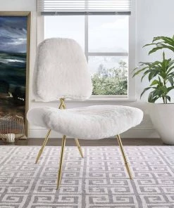 Modway Chaise Lounge Chairs Ponder Upholstered Sheepskin Fur Lounge Chair White