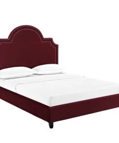 Modway Beds Primrose Queen Performance Velvet Platform Bed Maroon