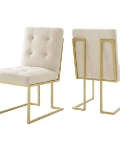 Modway Dining Chairs Privy Gold Stainless Steel Upholstered Fabric Dining Accent Chair Set Of 2 Gold Beige