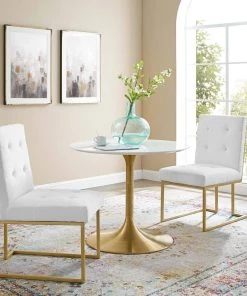 Modway Dining Chairs Privy Gold Stainless Steel Upholstered Fabric Dining Accent Chair Set Of 2 Gold White