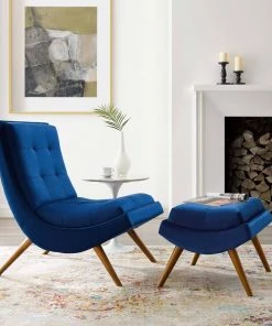 Modway Ramp Upholstered Performance Velvet Lounge Chair And Ottoman Set Navy