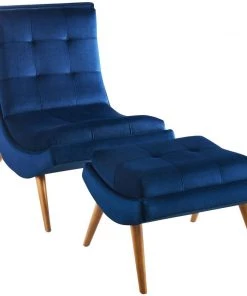 Modway Ramp Upholstered Performance Velvet Lounge Chair And Ottoman Set Navy