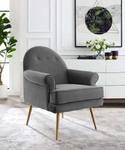 Modway Revive Tufted Button Accent Performance Velvet Armchair Gray Armchairs