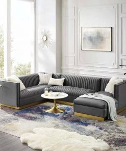 Modway Sanguine 3 Piece Performance Velvet Sectional Sofa Set Gray Sectionals
