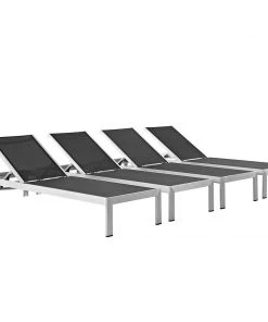 Modway Shore Chaise Outdoor Patio Aluminum Set Of 4 Silver Black Lounge Chair Outdoor