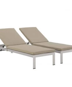 Modway Shore Chaise With Cushions Outdoor Patio Aluminum Set Of 2 Silver Beige Lounge Chair Outdoor