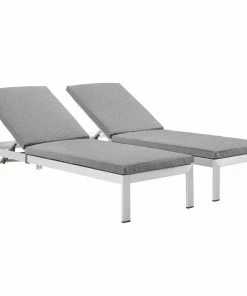 Modway Shore Chaise With Cushions Outdoor Patio Aluminum Set Of 2 Silver Gray Lounge Chair Outdoor