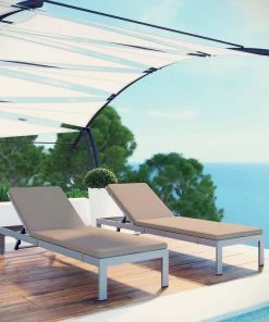 Modway Shore Chaise With Cushions Outdoor Patio Aluminum Set Of 2 Silver Mocha Lounge Chair Outdoor