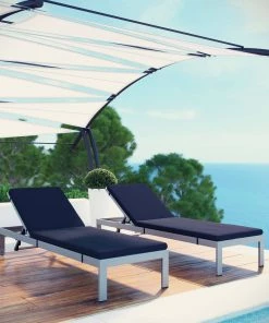 Modway Shore Chaise With Cushions Outdoor Patio Aluminum Set Of 2 Silver Navy Lounge Chair Outdoor