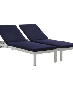 Modway Shore Chaise With Cushions Outdoor Patio Aluminum Set Of 2 Silver Navy Lounge Chair Outdoor