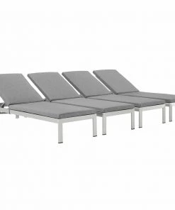 Modway Shore Chaise With Cushions Outdoor Patio Aluminum Set Of 4 Silver Gray Lounge Chair Outdoor