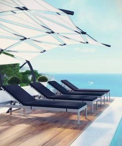 Modway Lounge Chair Outdoor Shore Chaise With Cushions Outdoor Patio Aluminum Set Of 4 Silver Navy