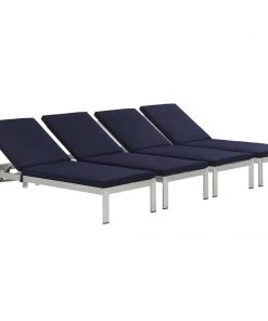 Modway Lounge Chair Outdoor Shore Chaise With Cushions Outdoor Patio Aluminum Set Of 4 Silver Navy