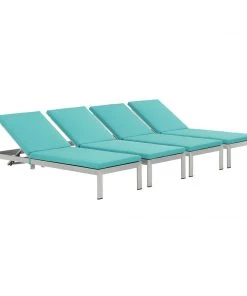 Modway Shore Chaise With Cushions Outdoor Patio Aluminum Set Of 4 Silver Turquoise Lounge Chair Outdoor