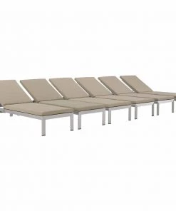 Modway Shore Chaise With Cushions Outdoor Patio Aluminum Set Of 6 Silver Beige Lounge Chair Outdoor