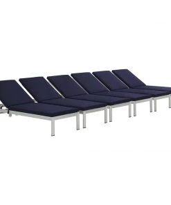 Modway Lounge Chair Outdoor Shore Chaise With Cushions Outdoor Patio Aluminum Set Of 6 Silver Navy