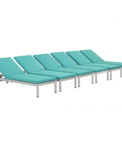 Modway Shore Chaise With Cushions Outdoor Patio Aluminum Set Of 6 Silver Turquoise