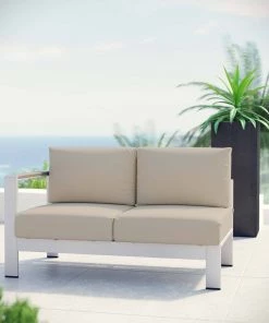 Modway Outdoor Sectional Shore Left-Arm Corner Sectional Outdoor Patio Aluminum Loveseat Silver Beige