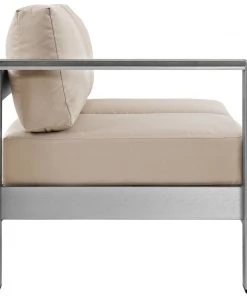 Modway Outdoor Sectional Shore Left-Arm Corner Sectional Outdoor Patio Aluminum Loveseat Silver Beige