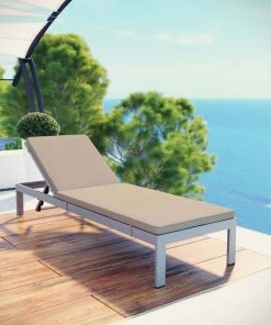 Modway Lounge Chair Outdoor Shore Outdoor Patio Aluminum Chaise With Cushions Silver Beige