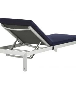 Modway Shore Outdoor Patio Aluminum Chaise With Cushions Silver Navy Lounge Chair Outdoor