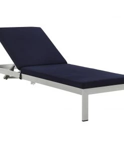 Modway Shore Outdoor Patio Aluminum Chaise With Cushions Silver Navy Lounge Chair Outdoor