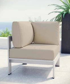 Modway Shore Outdoor Patio Aluminum Corner Sofa Silver Beige Outdoor Sectional