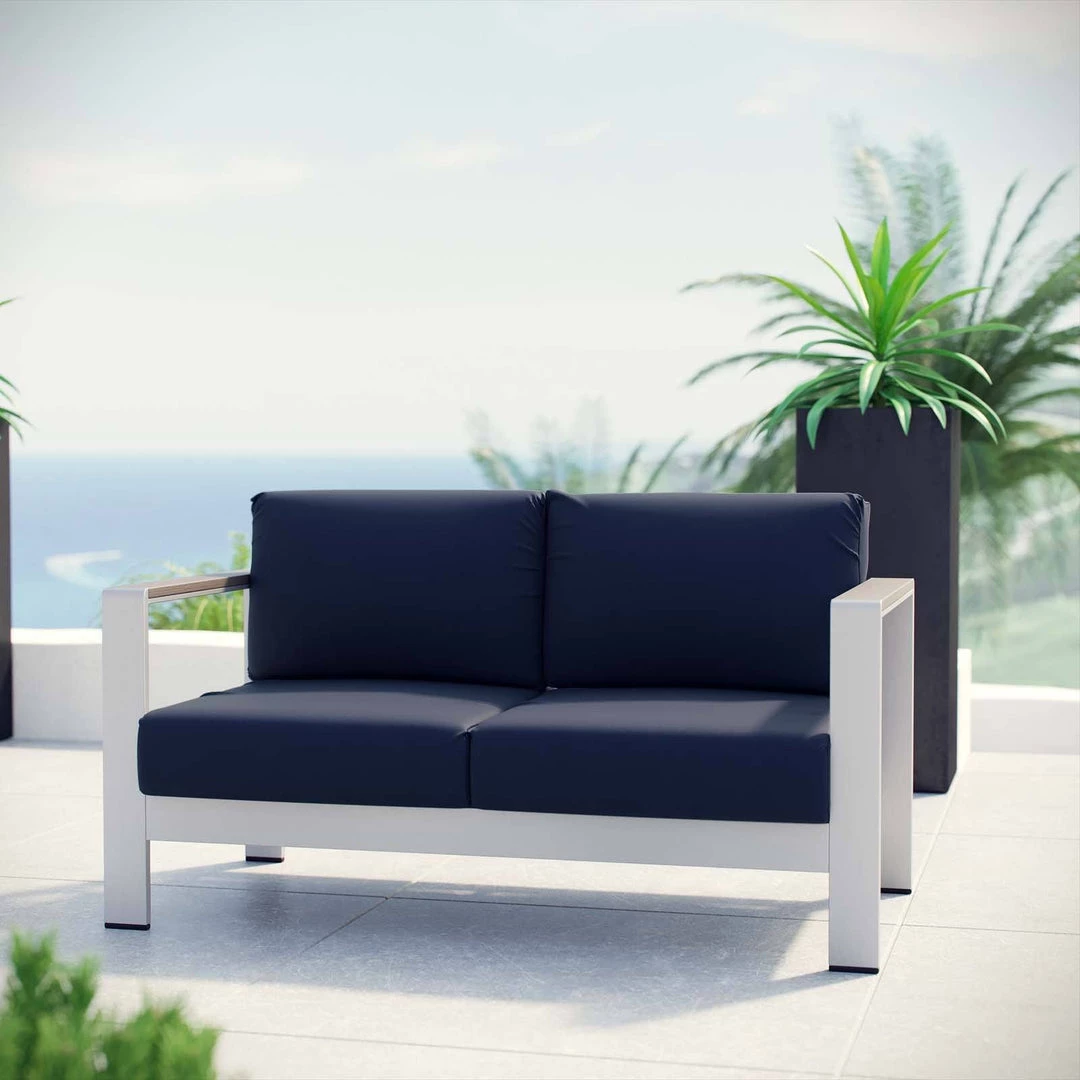 Modway Shore Outdoor Patio Aluminum Loveseat Silver Navy 4 Modway Shore Outdoor Patio Aluminum Loveseat Silver Navy