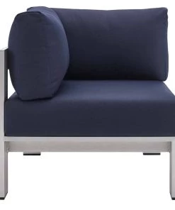 Modway Shore Sunbrella® Fabric Aluminum Outdoor Patio Corner Sofa Silver Navy