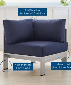 Modway Shore Sunbrella® Fabric Aluminum Outdoor Patio Corner Sofa Silver Navy