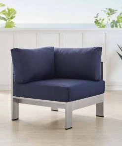 Modway Shore Sunbrella® Fabric Aluminum Outdoor Patio Corner Sofa Silver Navy