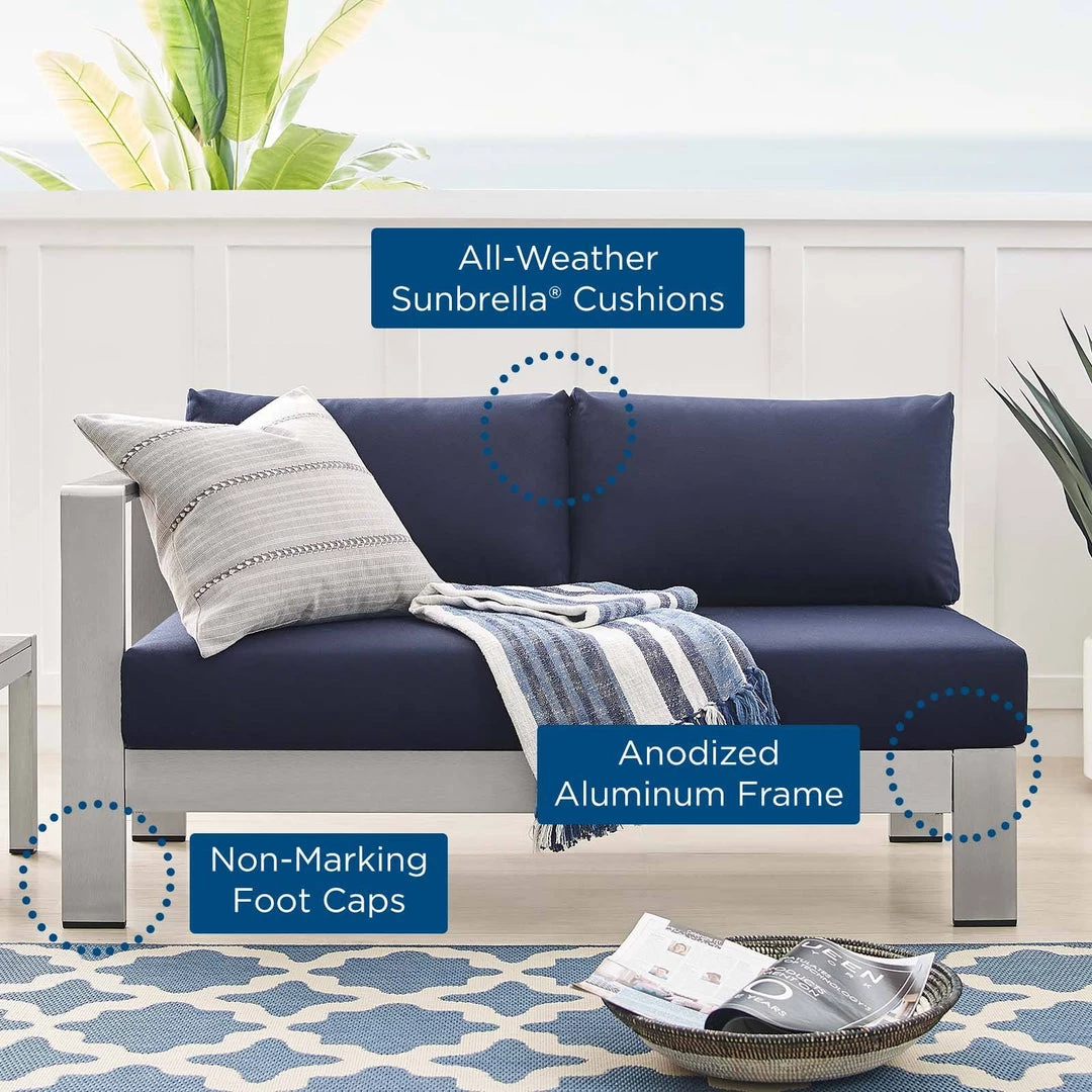 Modway Shore Sunbrella® Fabric Aluminum Outdoor Patio Left-Arm Loveseat Silver Navy Outdoor Sectional 7 Modway Shore Sunbrella® Fabric Aluminum Outdoor Patio Left-Arm Loveseat Silver Navy Outdoor Sectional