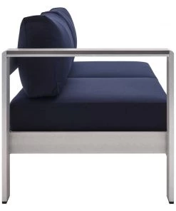 Modway Shore Sunbrella® Fabric Aluminum Outdoor Patio Left-Arm Loveseat Silver Navy Outdoor Sectional