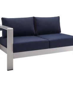 Modway Shore Sunbrella® Fabric Aluminum Outdoor Patio Left-Arm Loveseat Silver Navy Outdoor Sectional