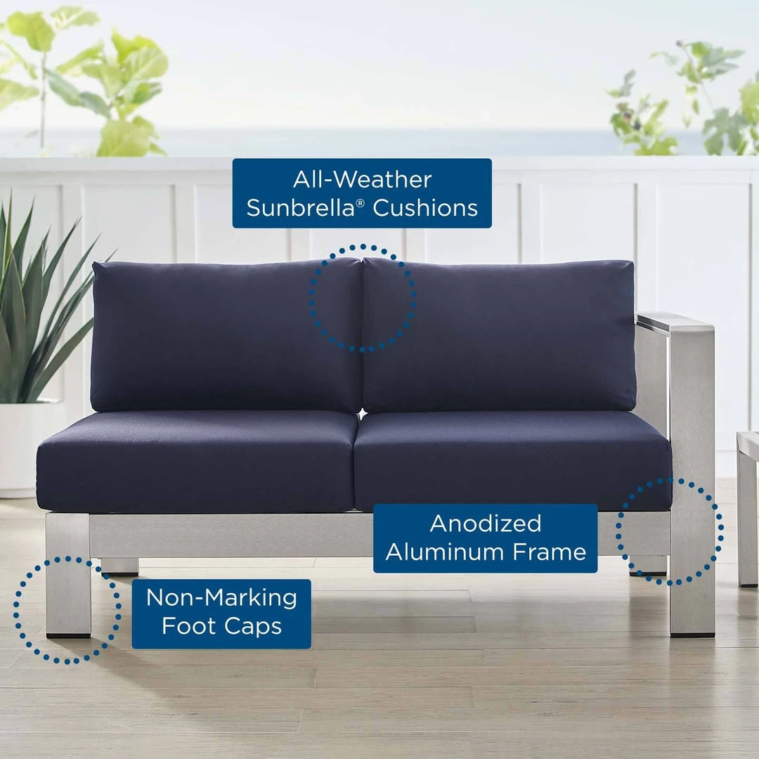 Modway Shore Sunbrella® Fabric Aluminum Outdoor Patio Right-Arm Loveseat Silver Navy 7 Modway Shore Sunbrella® Fabric Aluminum Outdoor Patio Right-Arm Loveseat Silver Navy