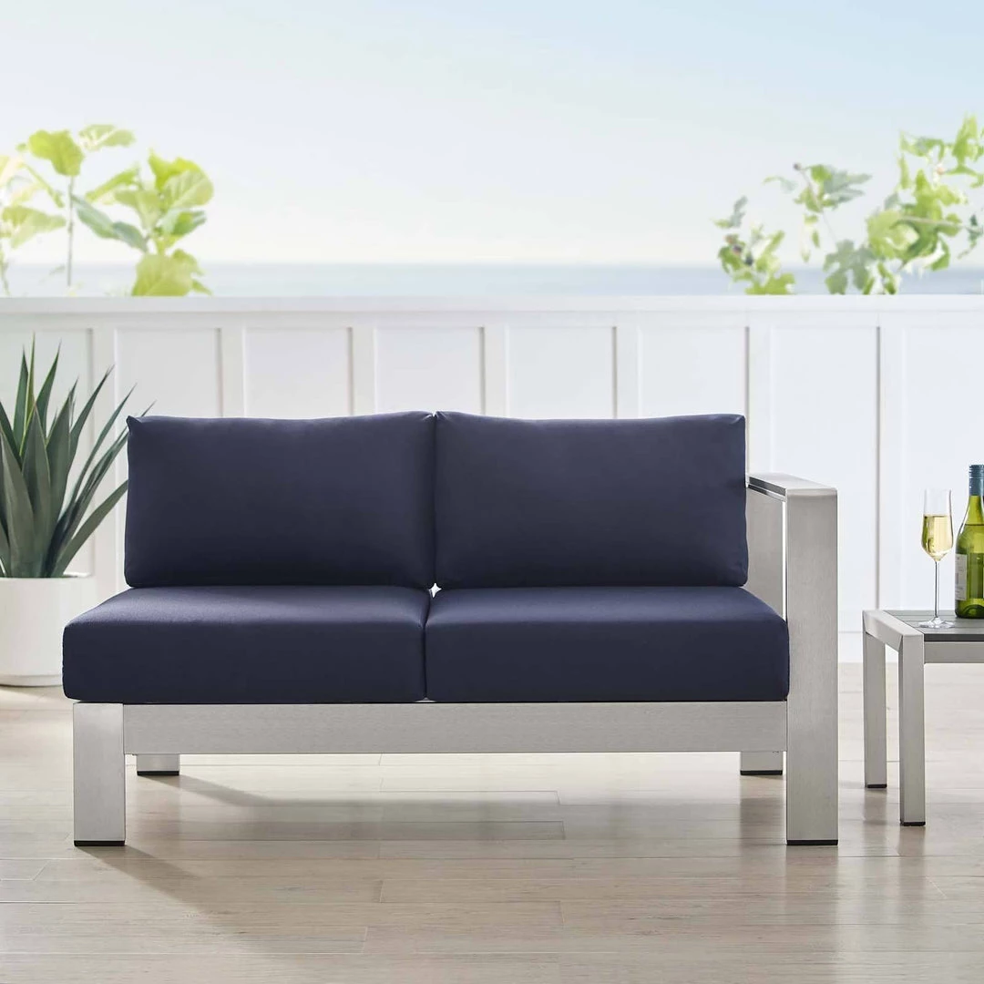 Modway Shore Sunbrella® Fabric Aluminum Outdoor Patio Right-Arm Loveseat Silver Navy 8 Modway Shore Sunbrella® Fabric Aluminum Outdoor Patio Right-Arm Loveseat Silver Navy