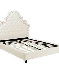 Modway Beds Valentina Queen Tufted Nailhead Performance Velvet Platform Bed Ivory