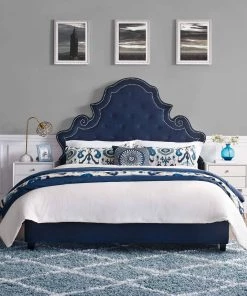 Modway Valentina Queen Tufted Nailhead Performance Velvet Platform Bed Navy