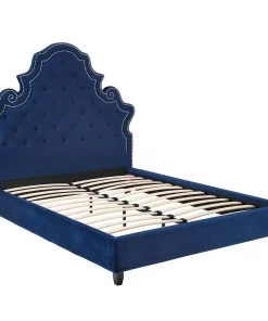 Modway Valentina Queen Tufted Nailhead Performance Velvet Platform Bed Navy