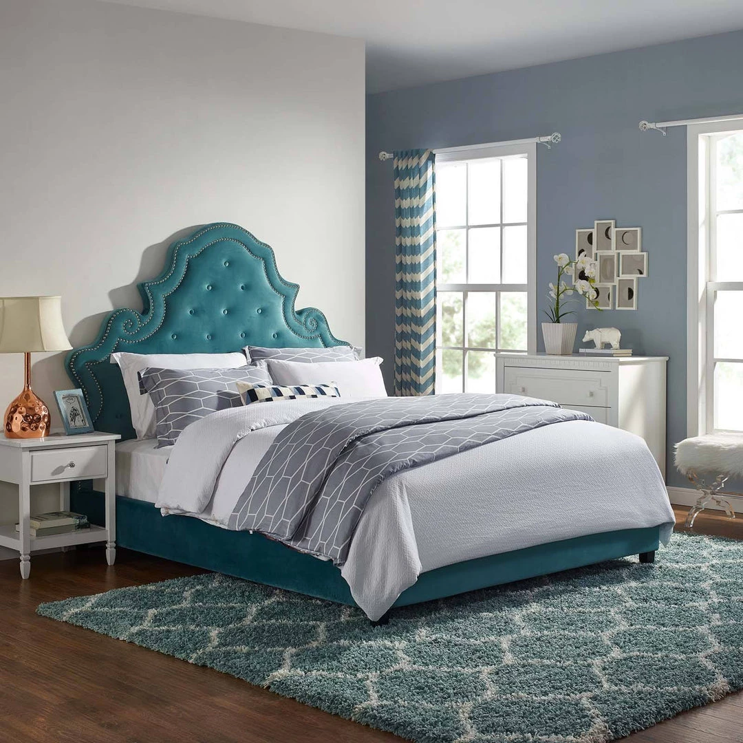 Modway Valentina Queen Tufted Nailhead Performance Velvet Platform Bed Sea Blue Beds 5 Modway Valentina Queen Tufted Nailhead Performance Velvet Platform Bed Sea Blue Beds