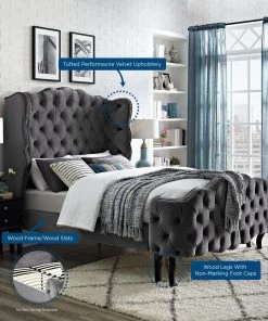 Modway Beds Violette Queen Tufted Wingback Performance Velvet Platform Bed Gray