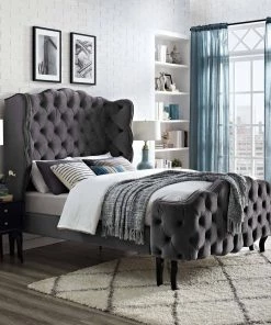 Modway Beds Violette Queen Tufted Wingback Performance Velvet Platform Bed Gray