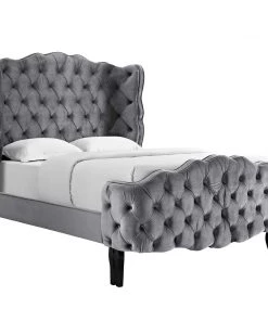 Modway Beds Violette Queen Tufted Wingback Performance Velvet Platform Bed Gray