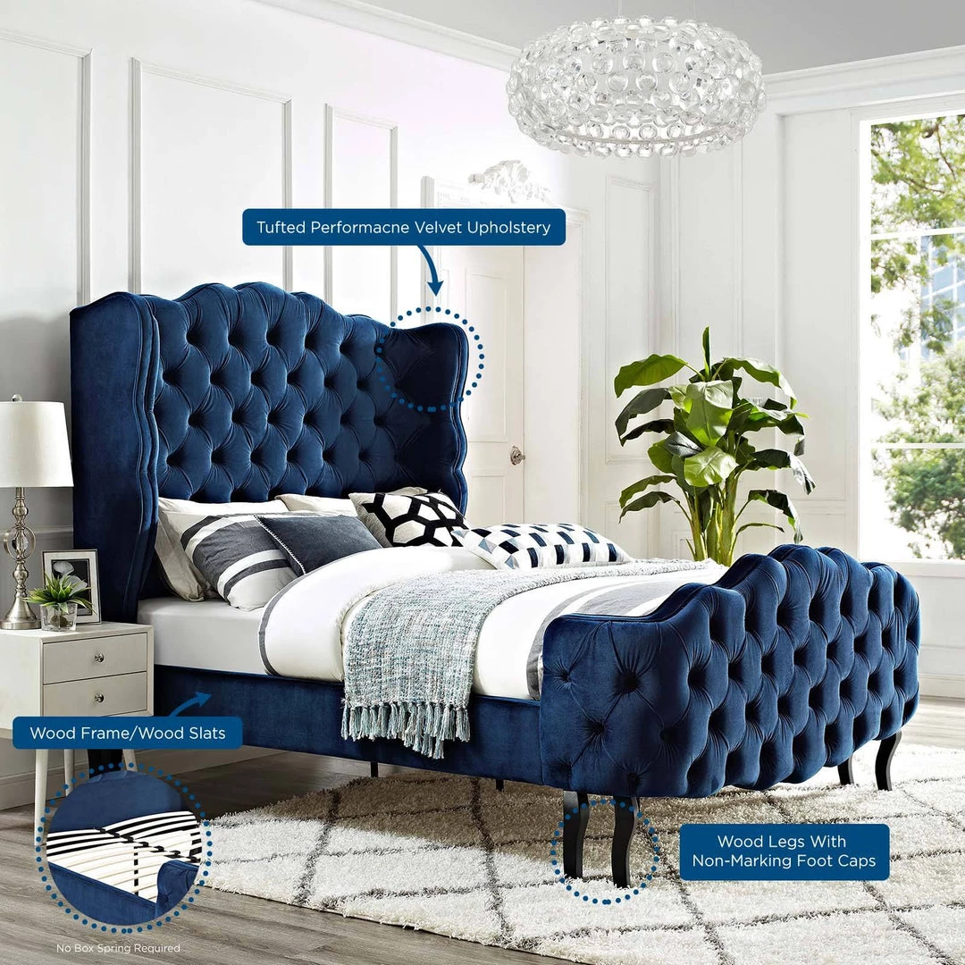 Modway Violette Queen Tufted Wingback Performance Velvet Platform Bed Navy 6 Modway Violette Queen Tufted Wingback Performance Velvet Platform Bed Navy